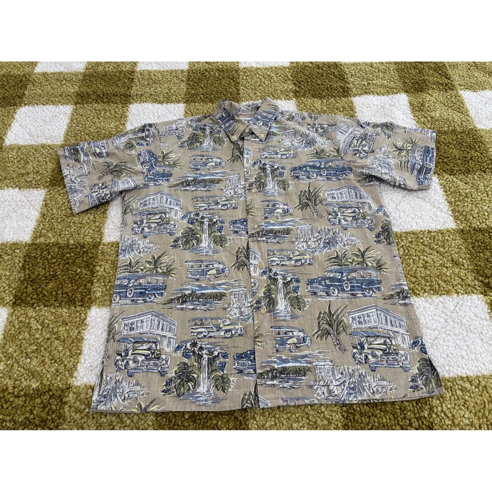 Reyn Spooner Hawaiian Shirt Mens Medium Tan Woody Wagon Reverse Print Aloha‎ S/S